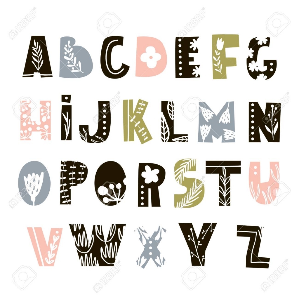 Creative Decorative Alphabet With Floral Elements. Scandinavian..