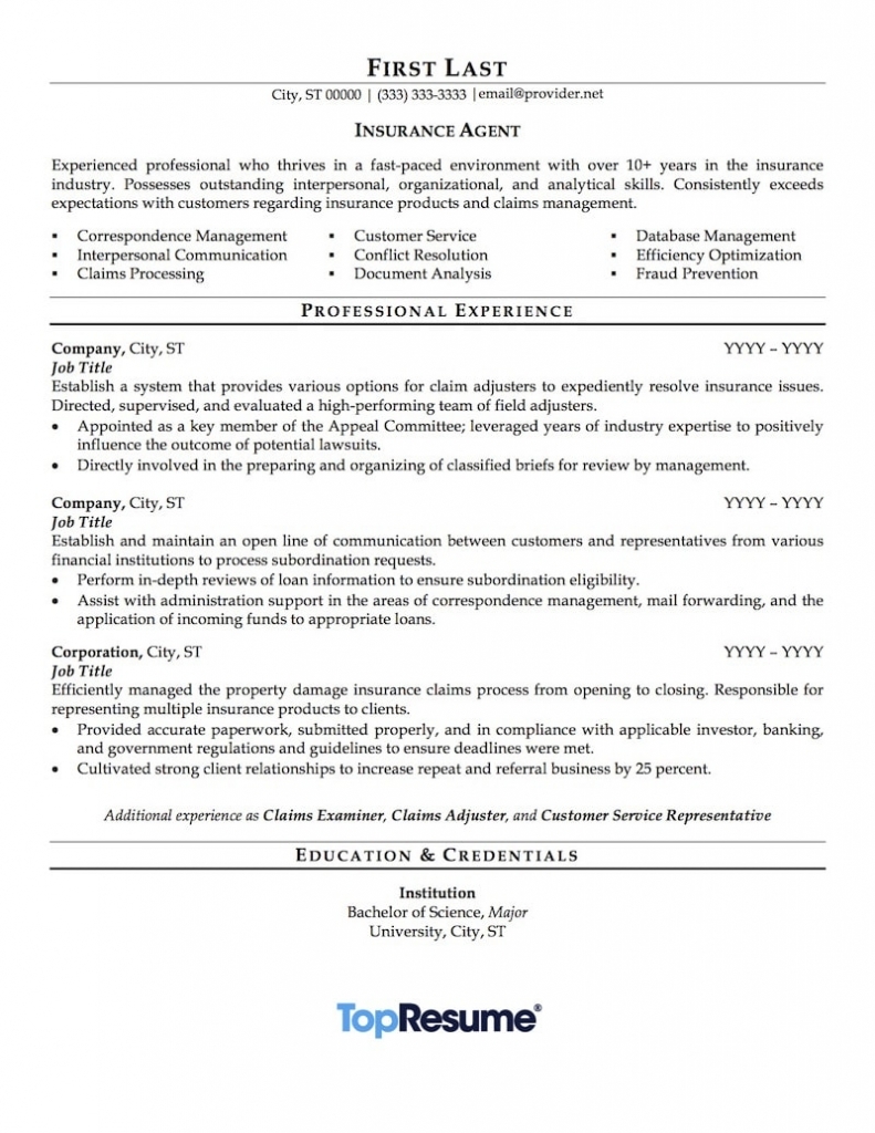 Insurance Agent Resume Sample | Professional Resume Examples | Topresume