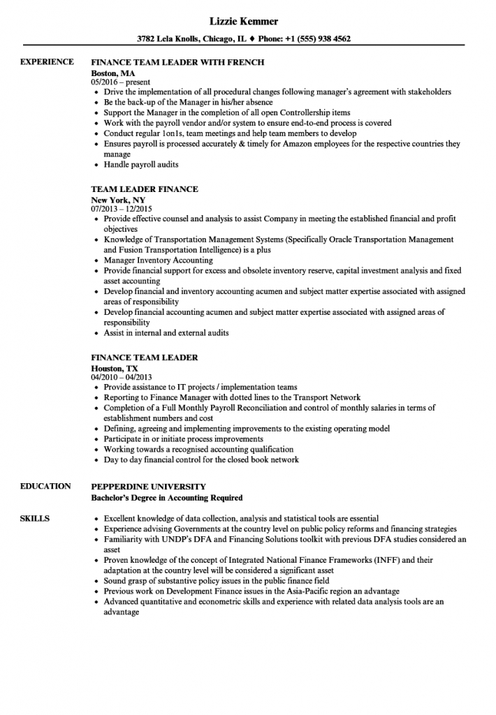 sample resume showing leadership skills