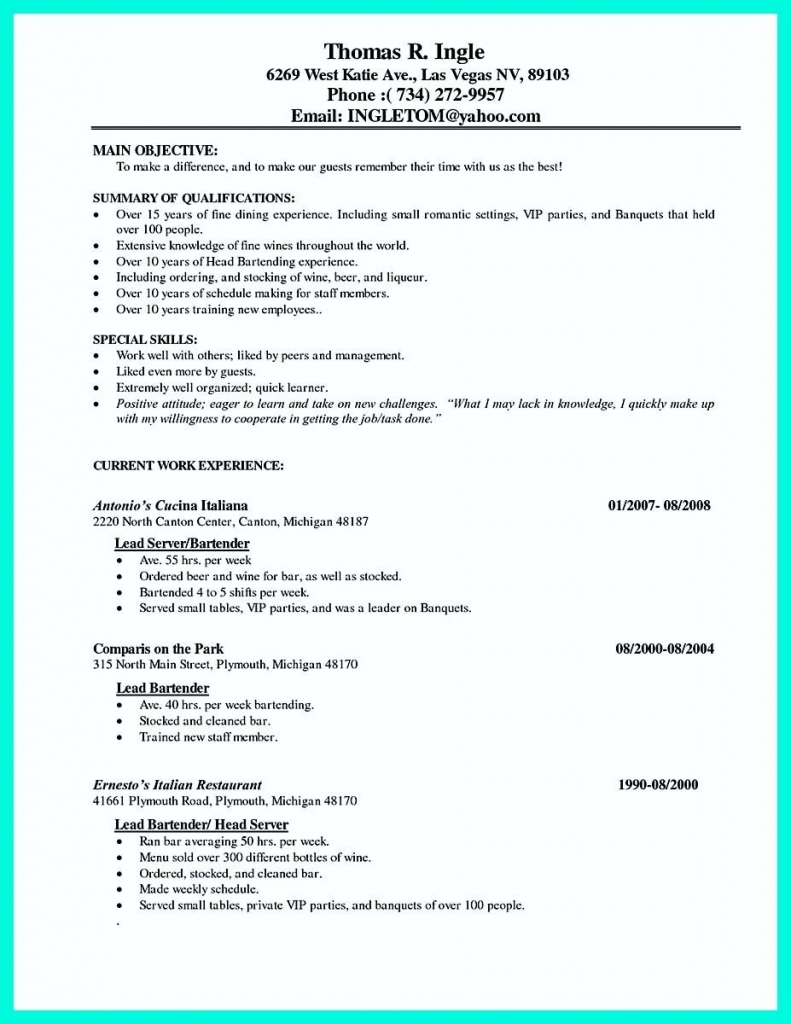 Nice Cocktail Server Resume Skills To Convince Restaurants Or Café