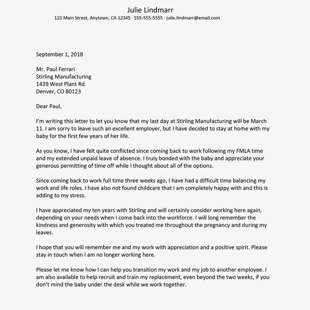 Sample Resignation Letter When Leaving To Care For Children