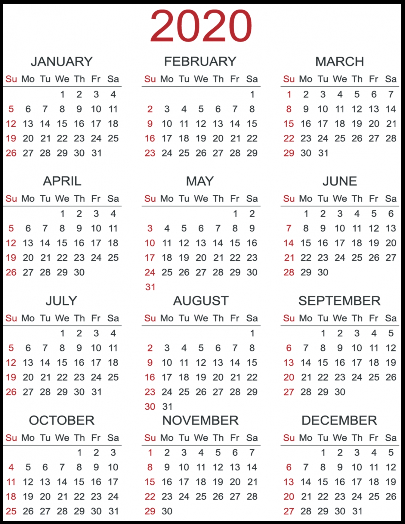 Yearly Printable Calendar 2020