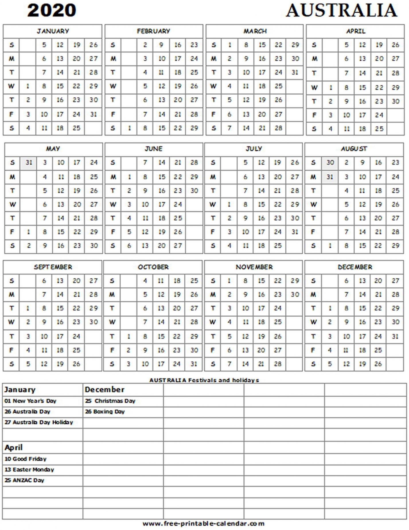2020 Calendar Australia Printable