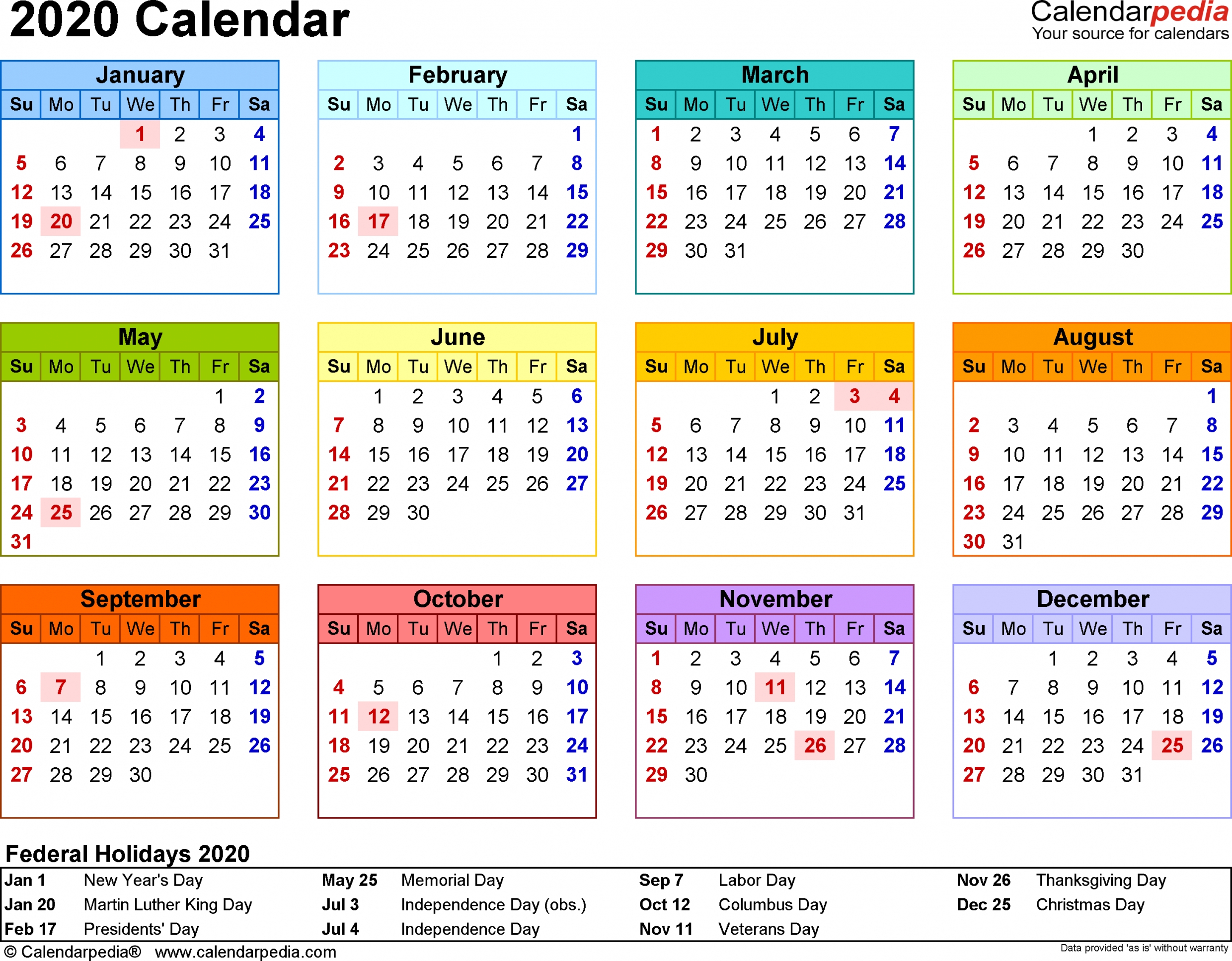 2020 Calendar Printable With Holidays