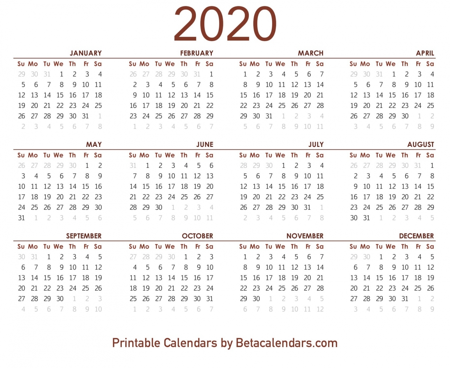 2020 Calendar Printable Pdf free
