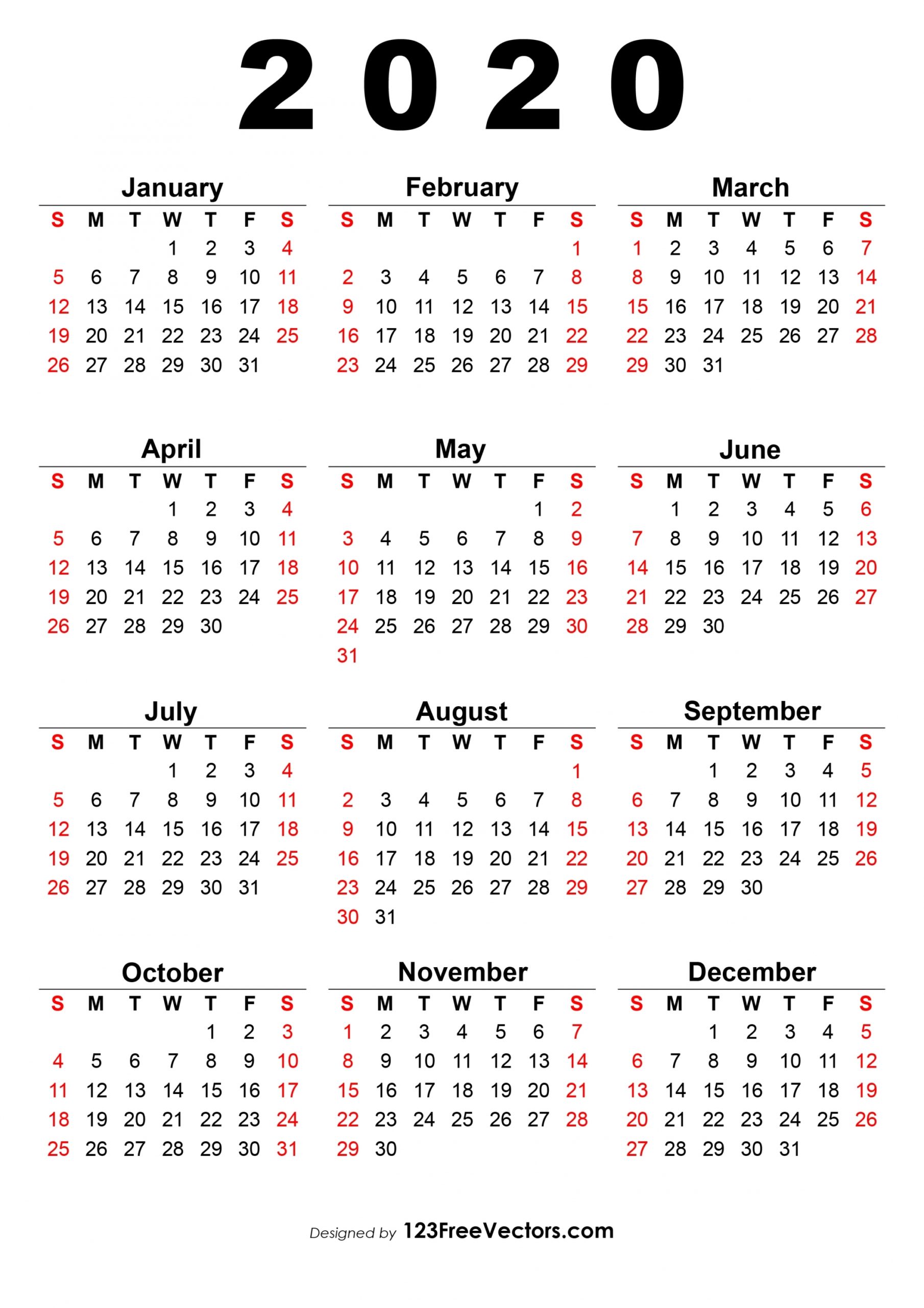 2020 Calendar One Page Printable