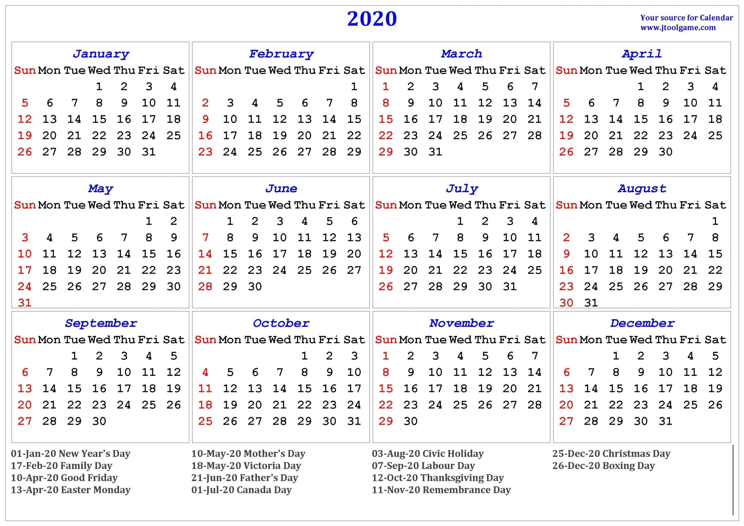 2020 Printable Calendar Canada