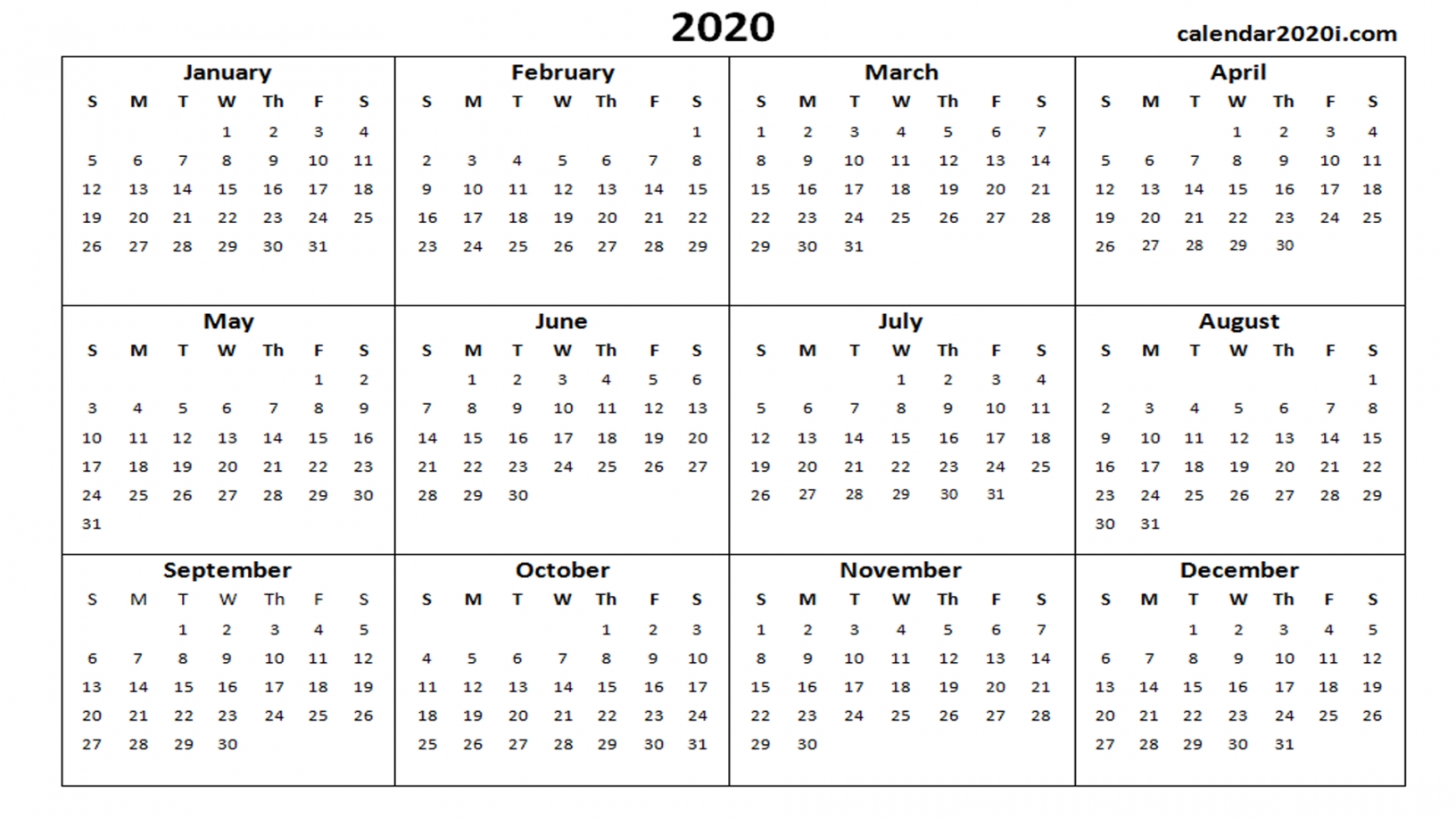 2020 Printable Calendar Pdf