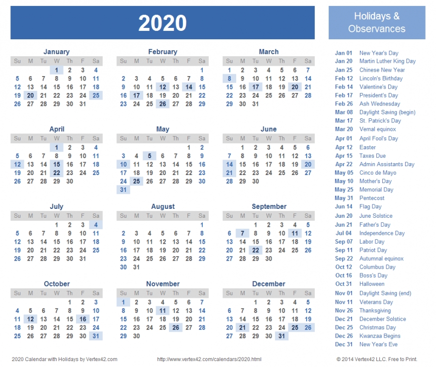 Printable 2020 Calendar Canada