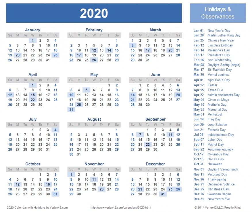 2020 Calendar Canada Printable