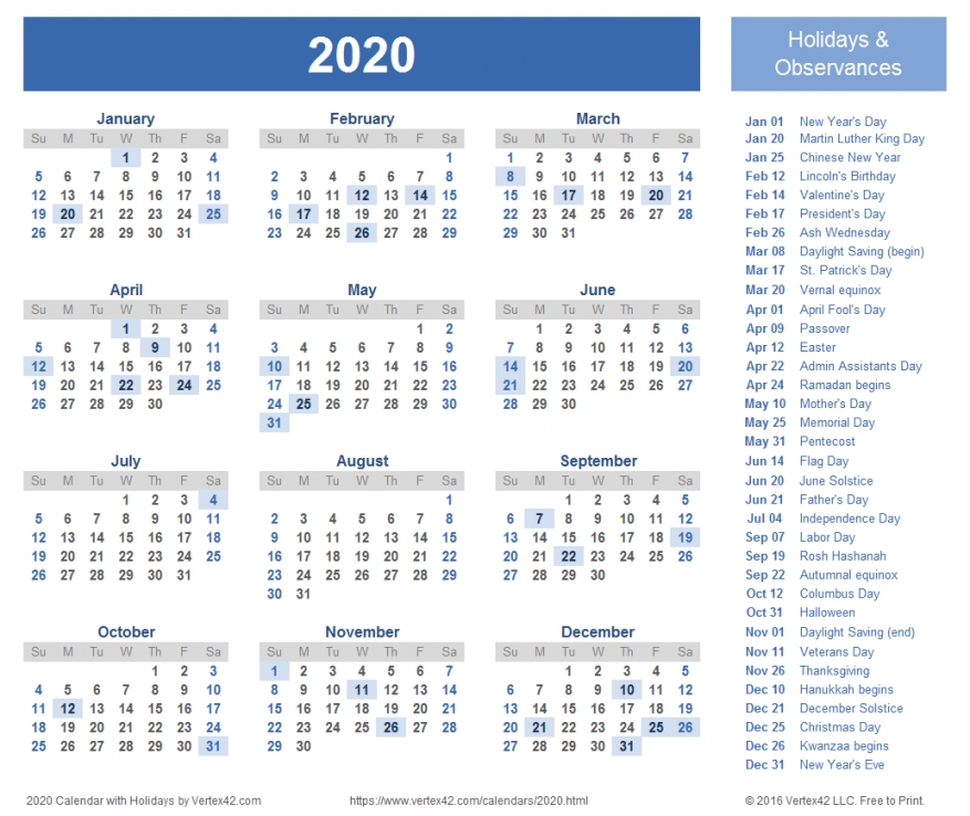 Calendar 2020 Printable With Holidays