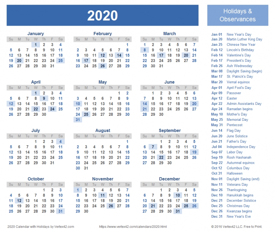Printable 2020 Calendar