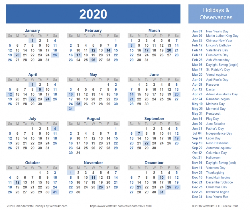 Printable 2020 Calendar With Holidays Printable 2020 Calendar With Holidays