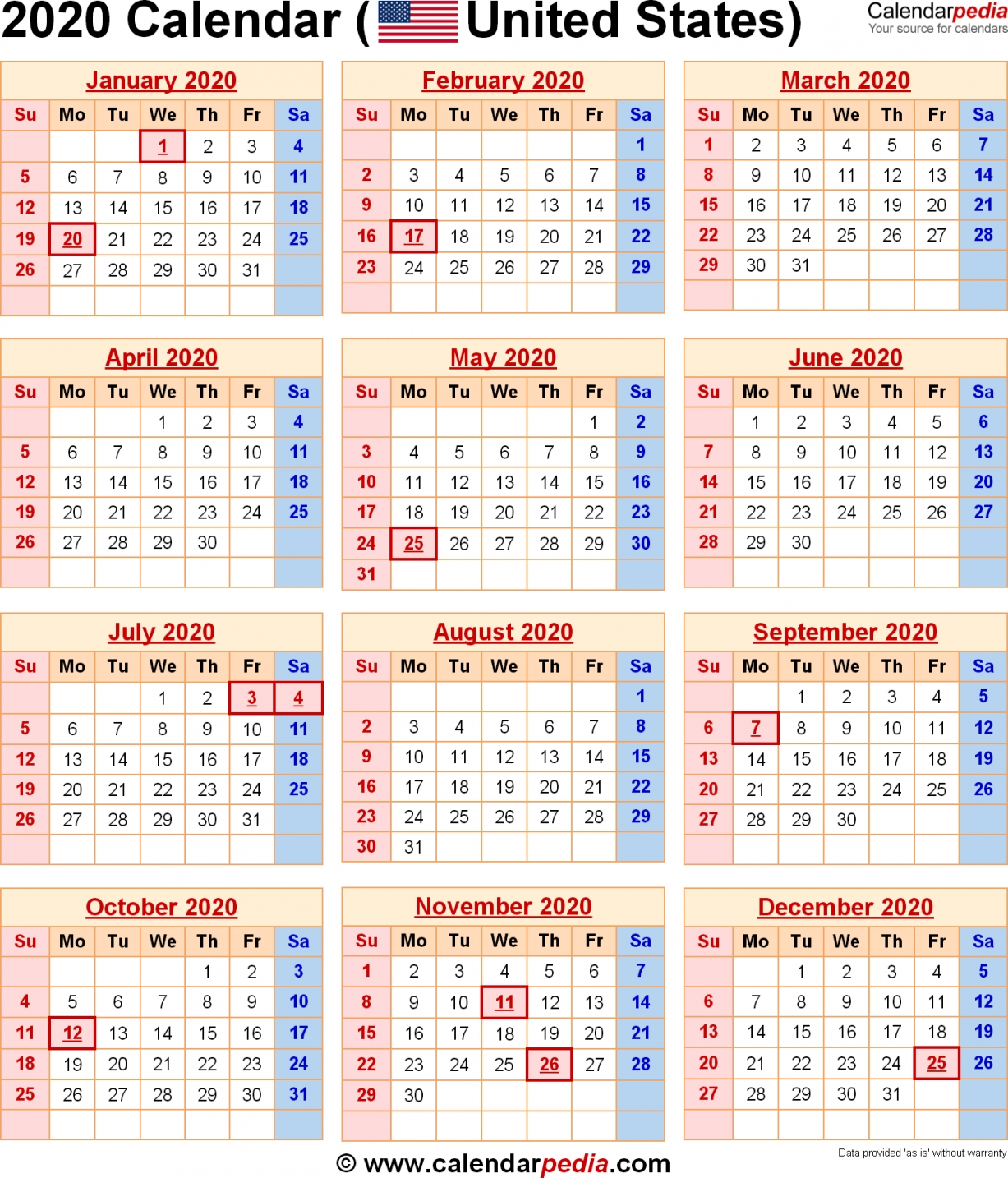 Calendar 2020 With Holidays Printable