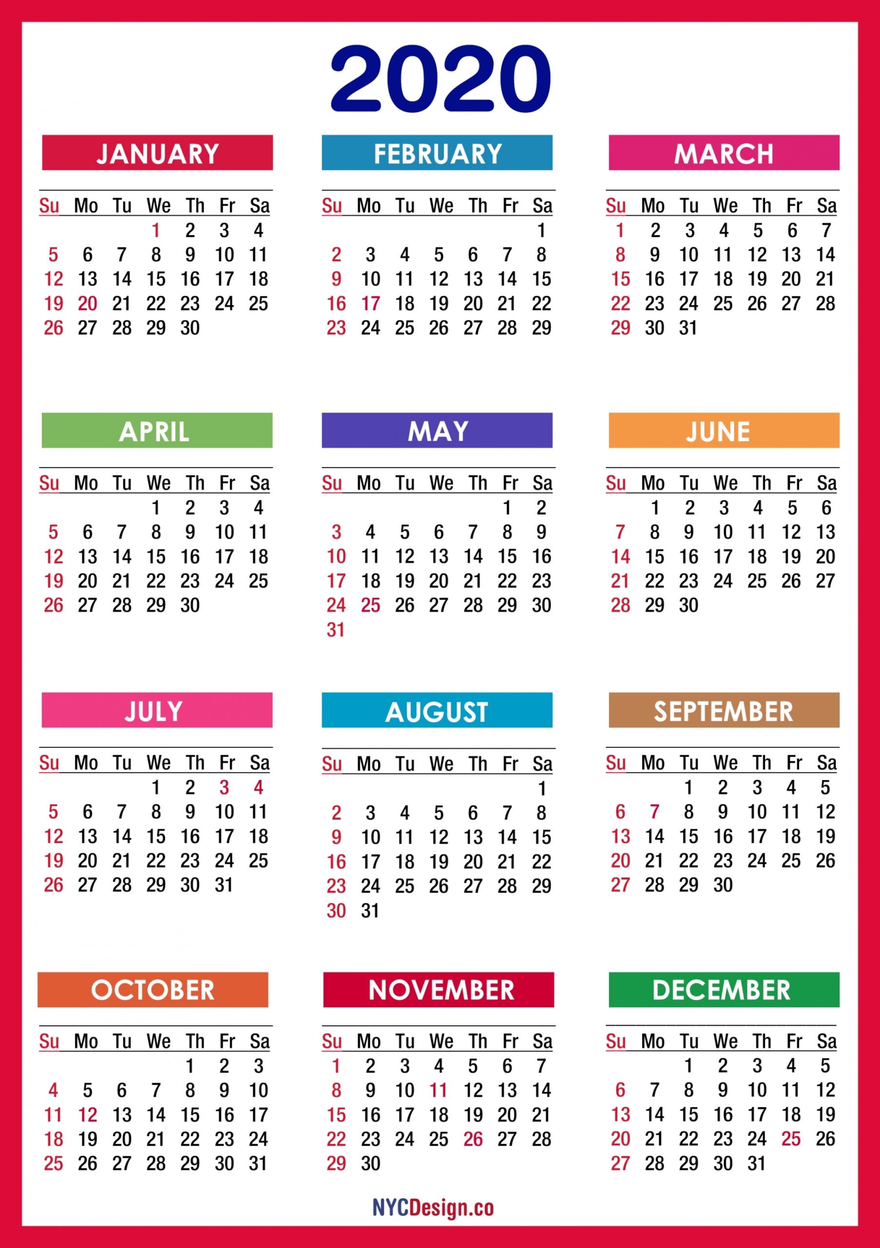 Printable Free Calendar 2020