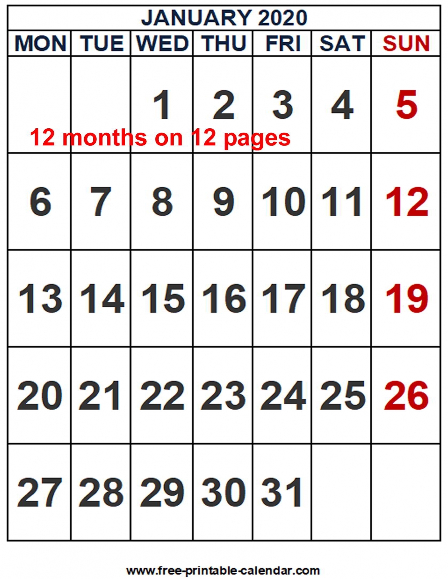 2020 Word Printable Calendar