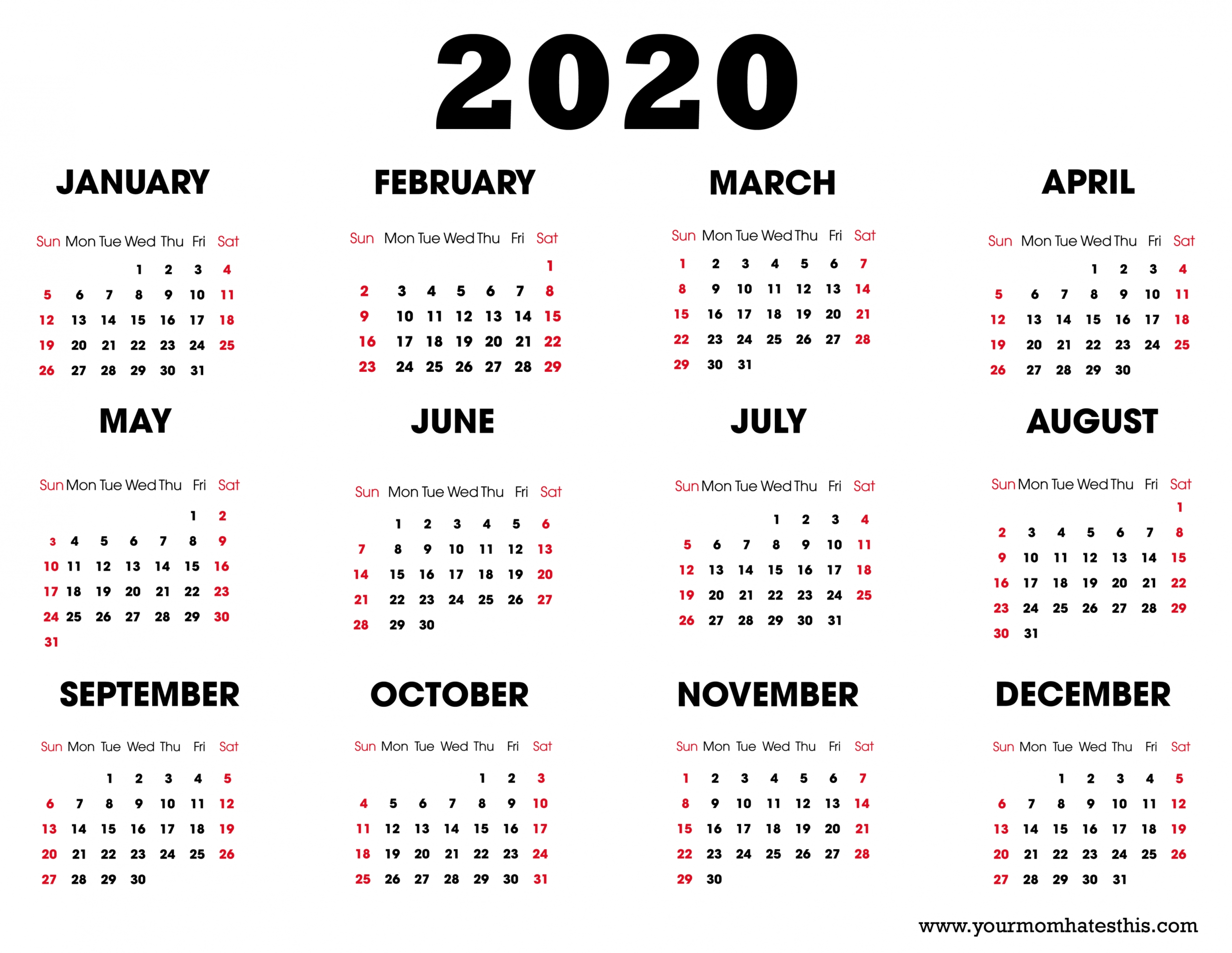 2020 Calendar Printable Pdf free