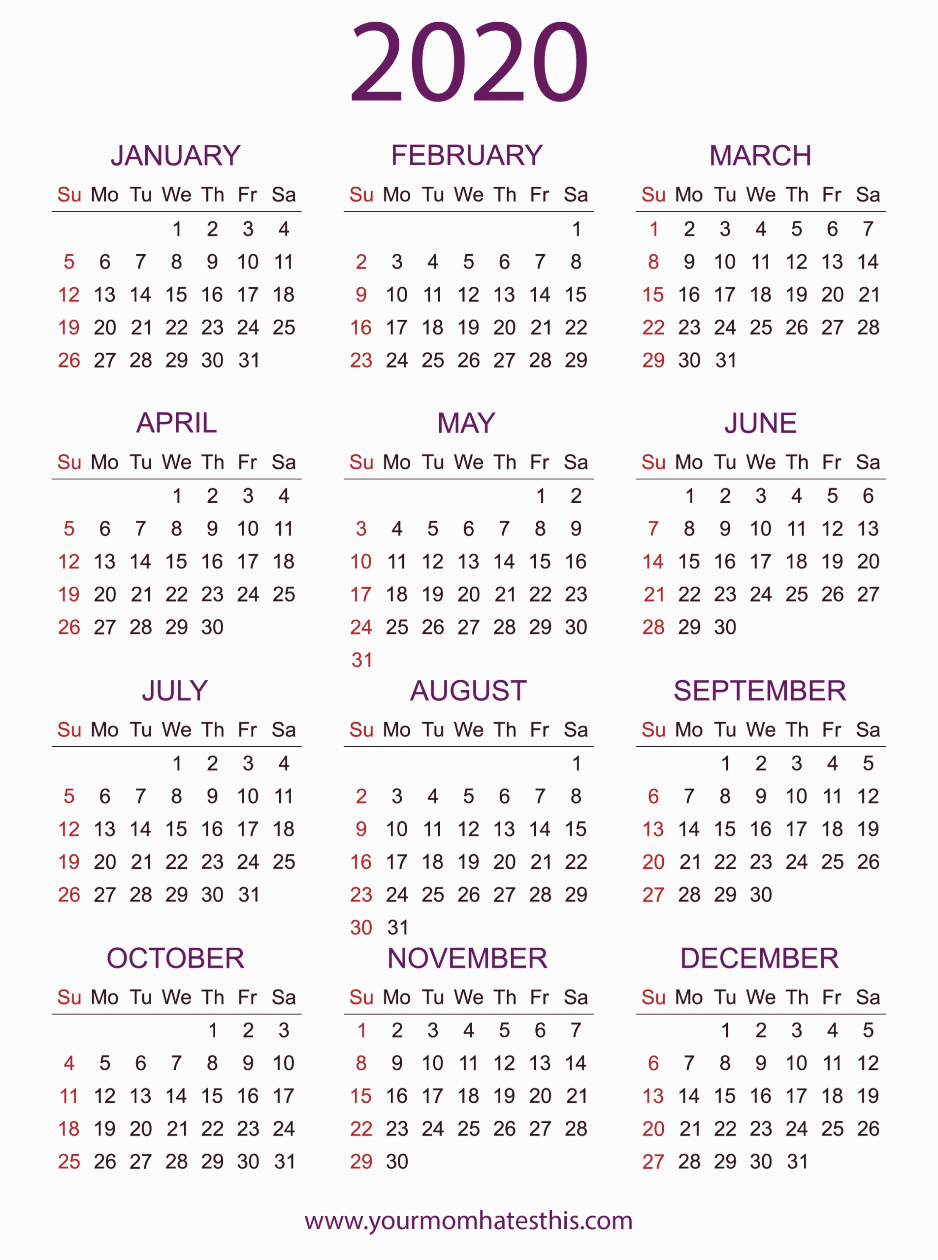 2020 Calendar Printable Pdf free