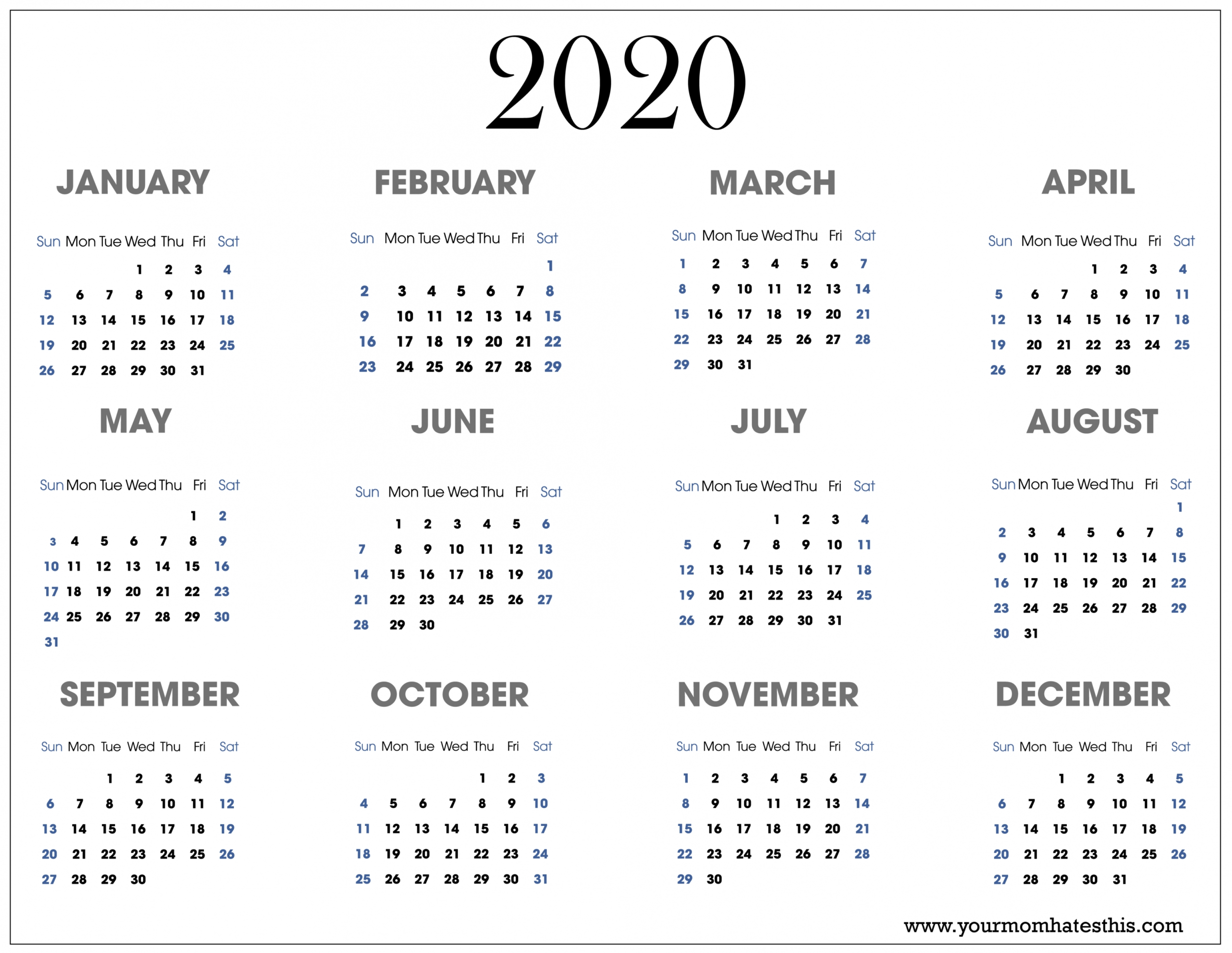 Printable 2020 Calendar Template