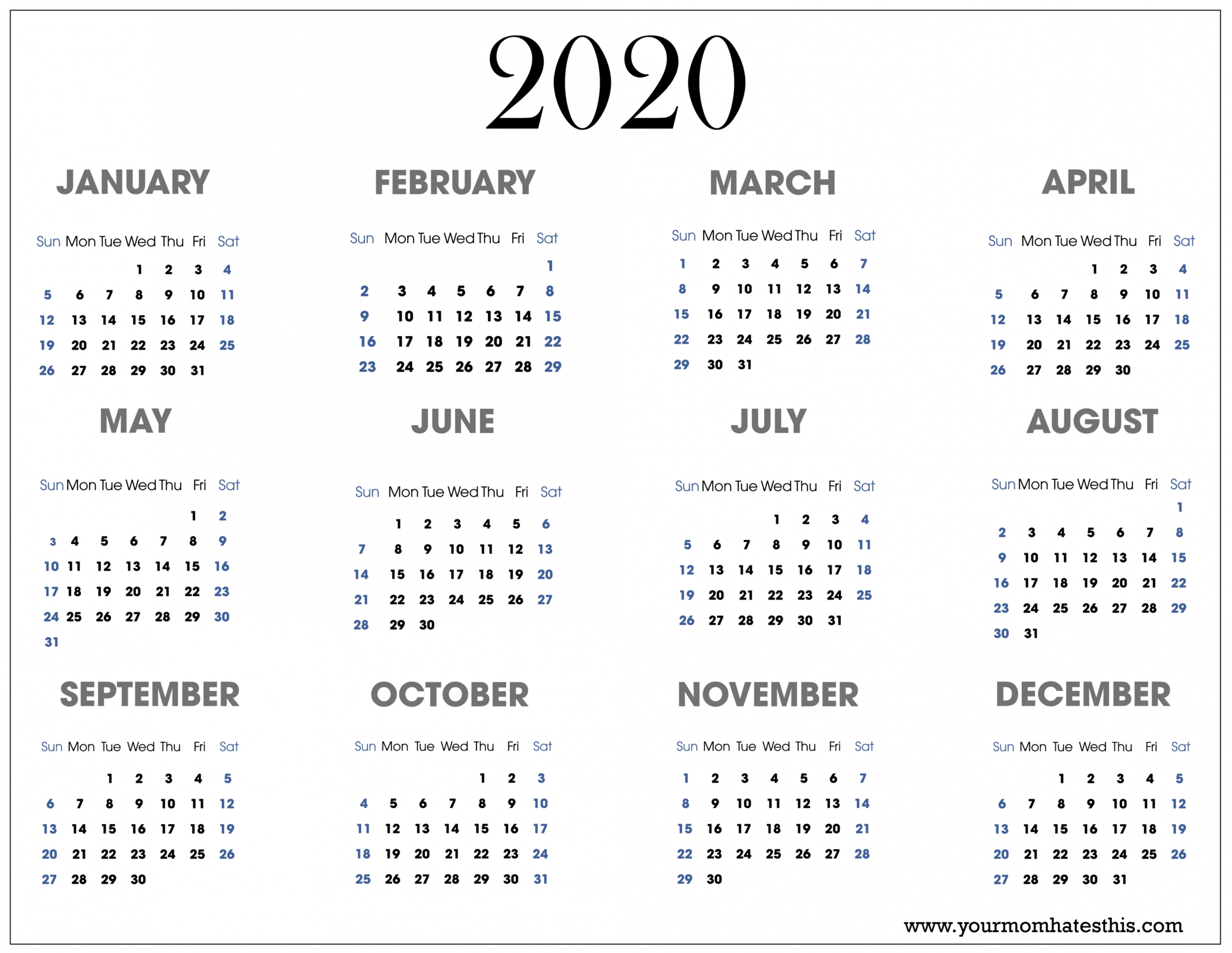 Printable 2020 Calendar Template Printable 2020 Calendar Template