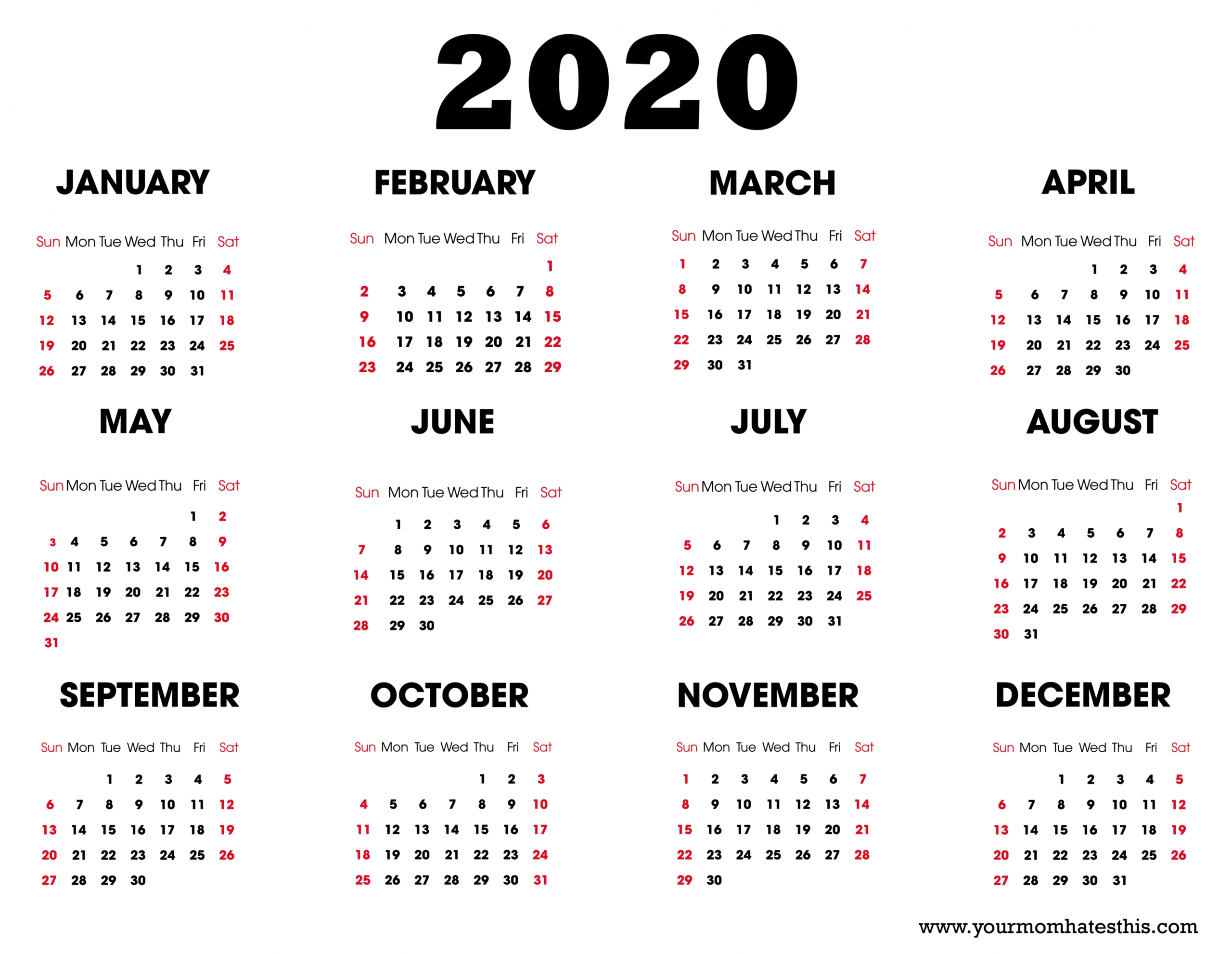 Printable Calendar 2020 Year