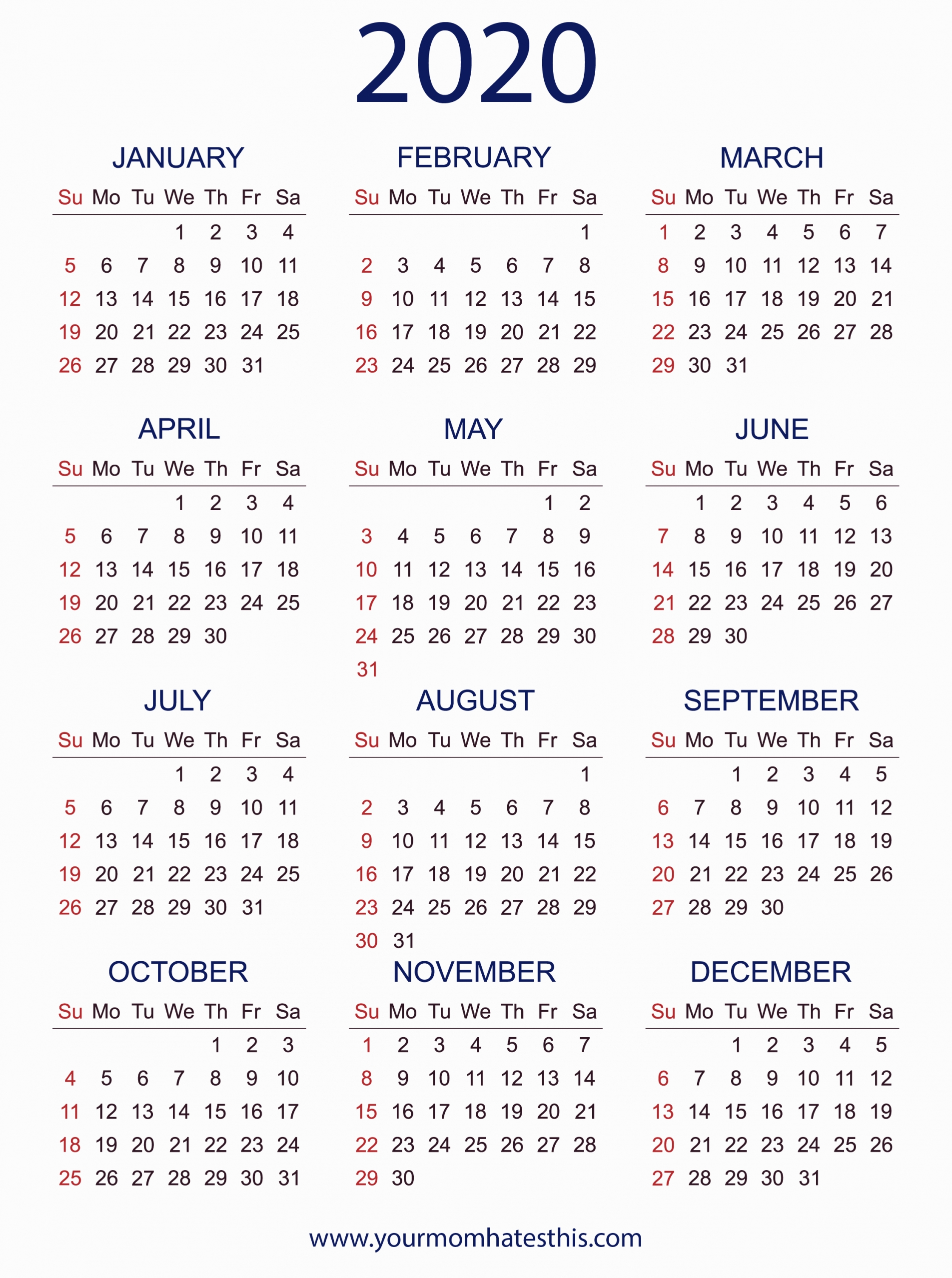 2020 Printable Calendar Pdf