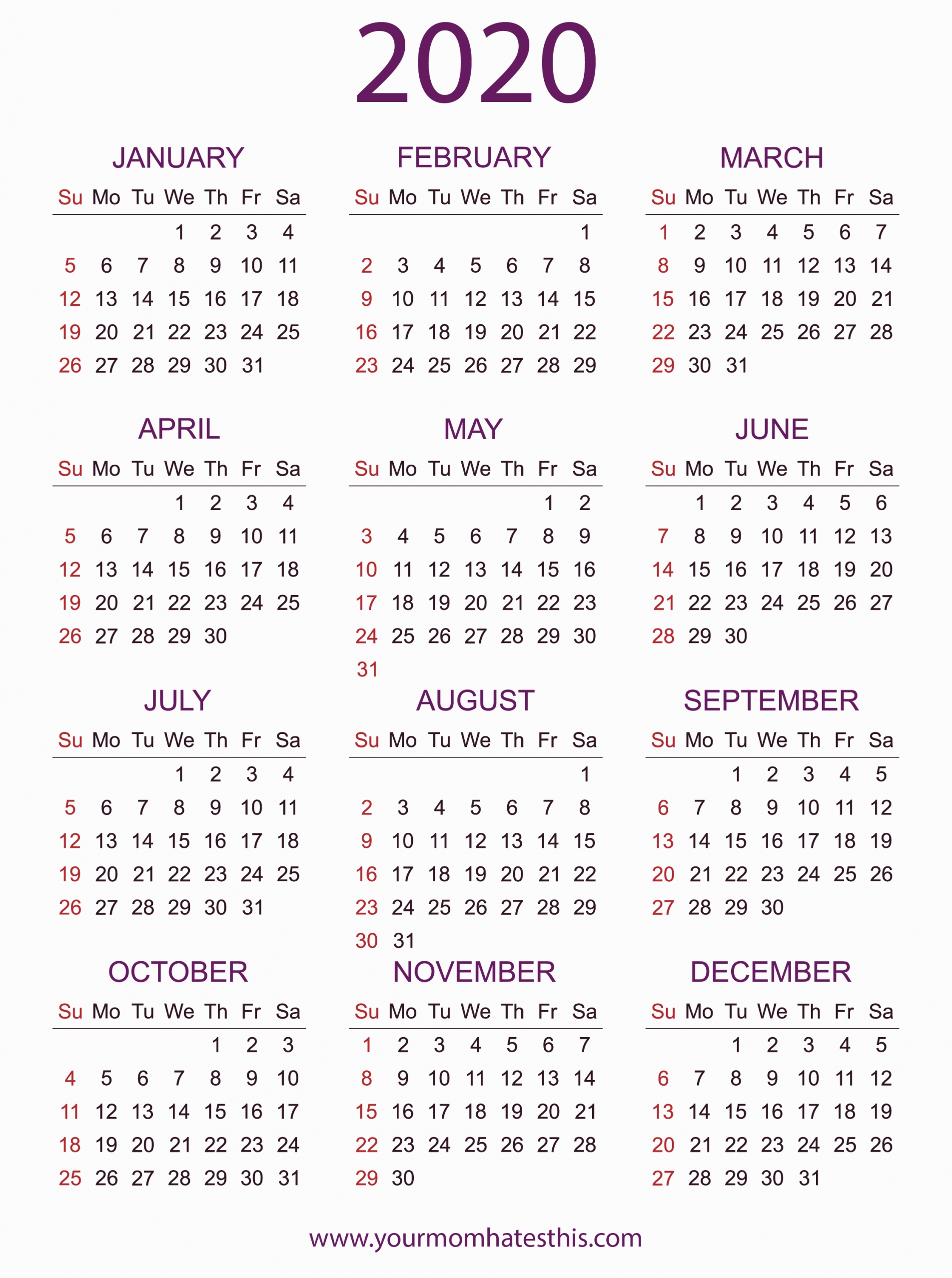 2020 Calendars Printable