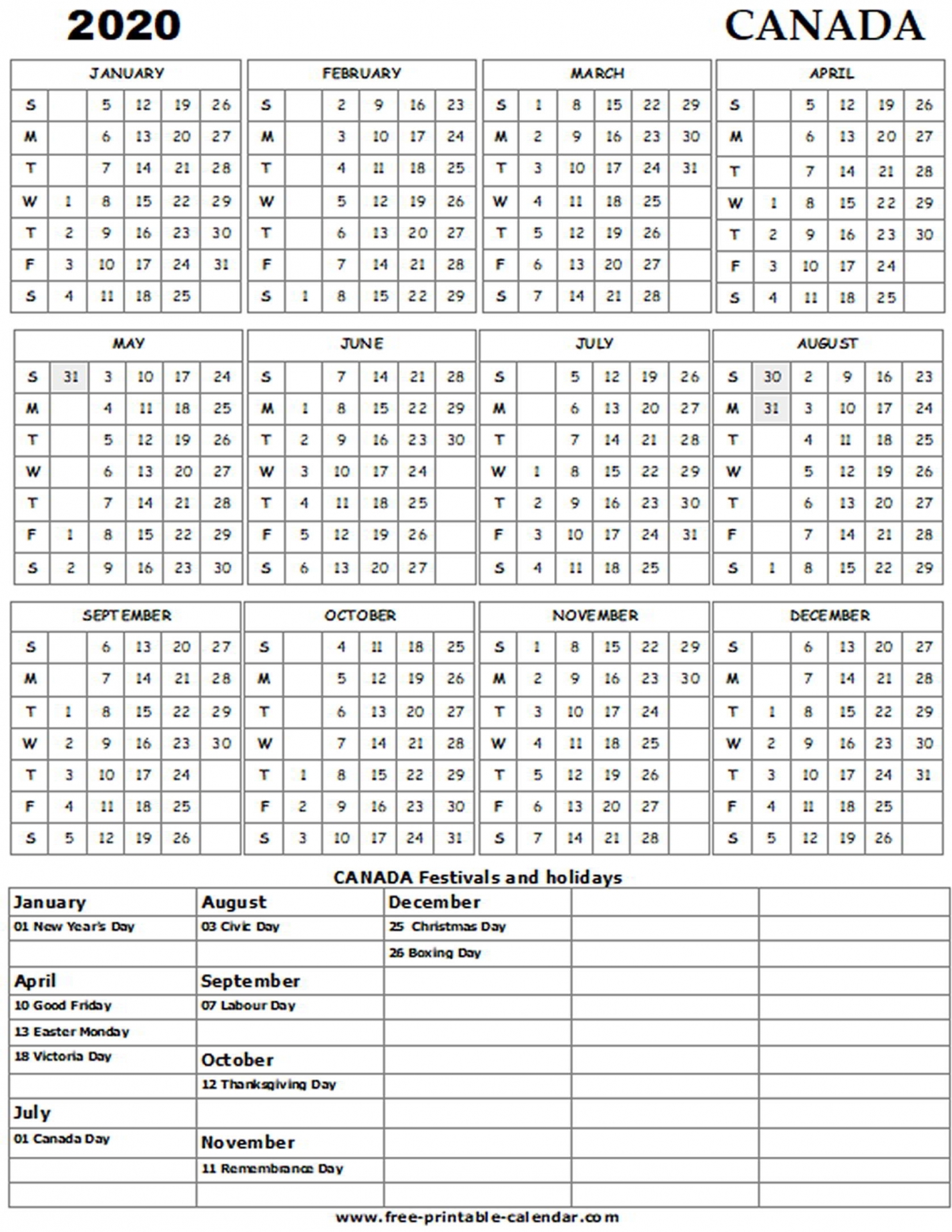 Printable 2020 Calendar Canada