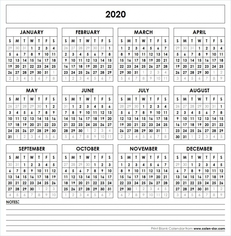 2020 Free Printable Yearly Calendar