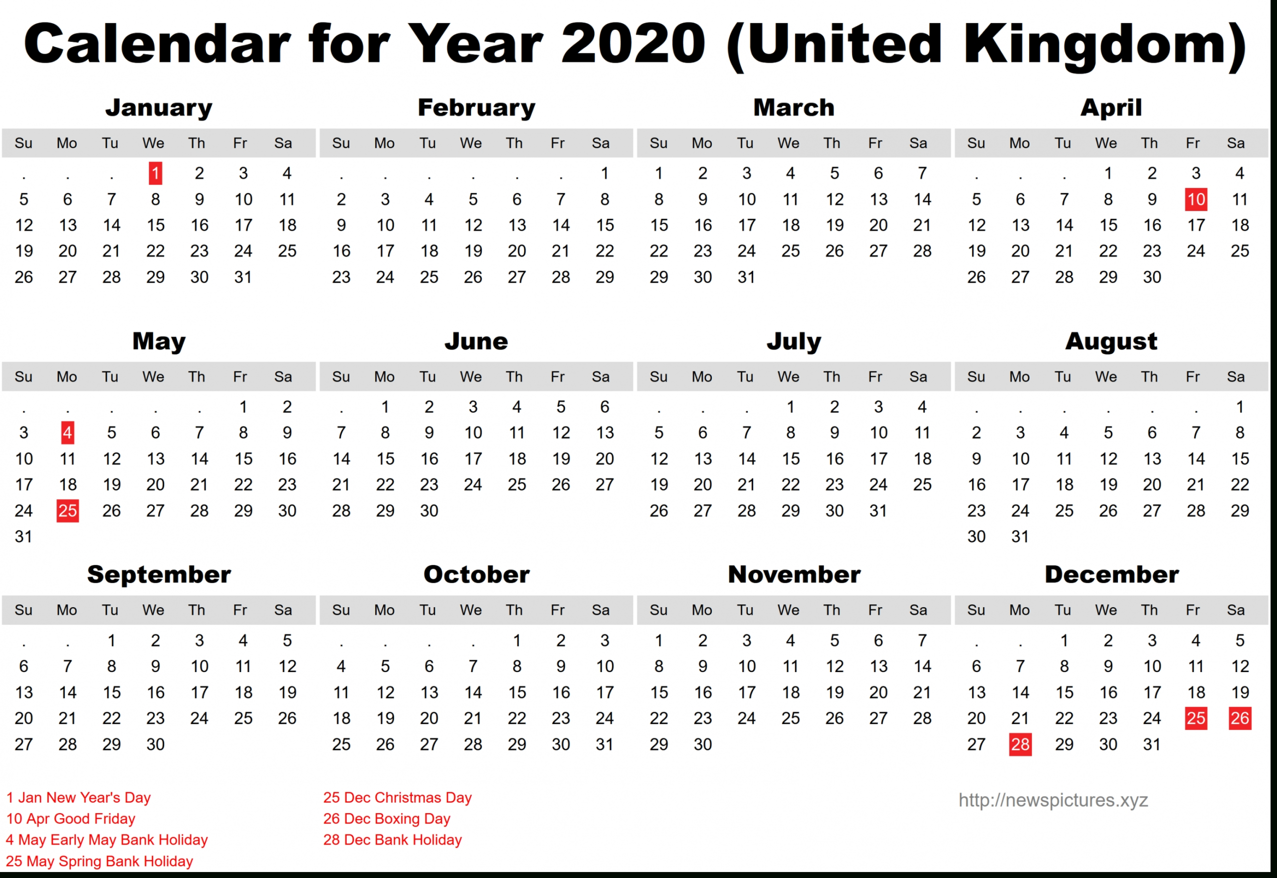 Printable 2020 Calendar Uk