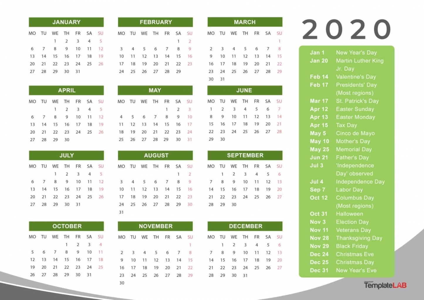 2020 Calendar Holidays Printable