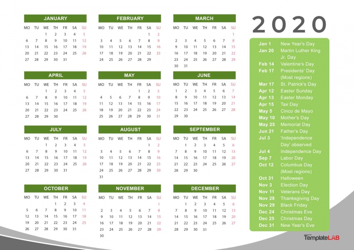 Calendar 2020 Printable With Holidays