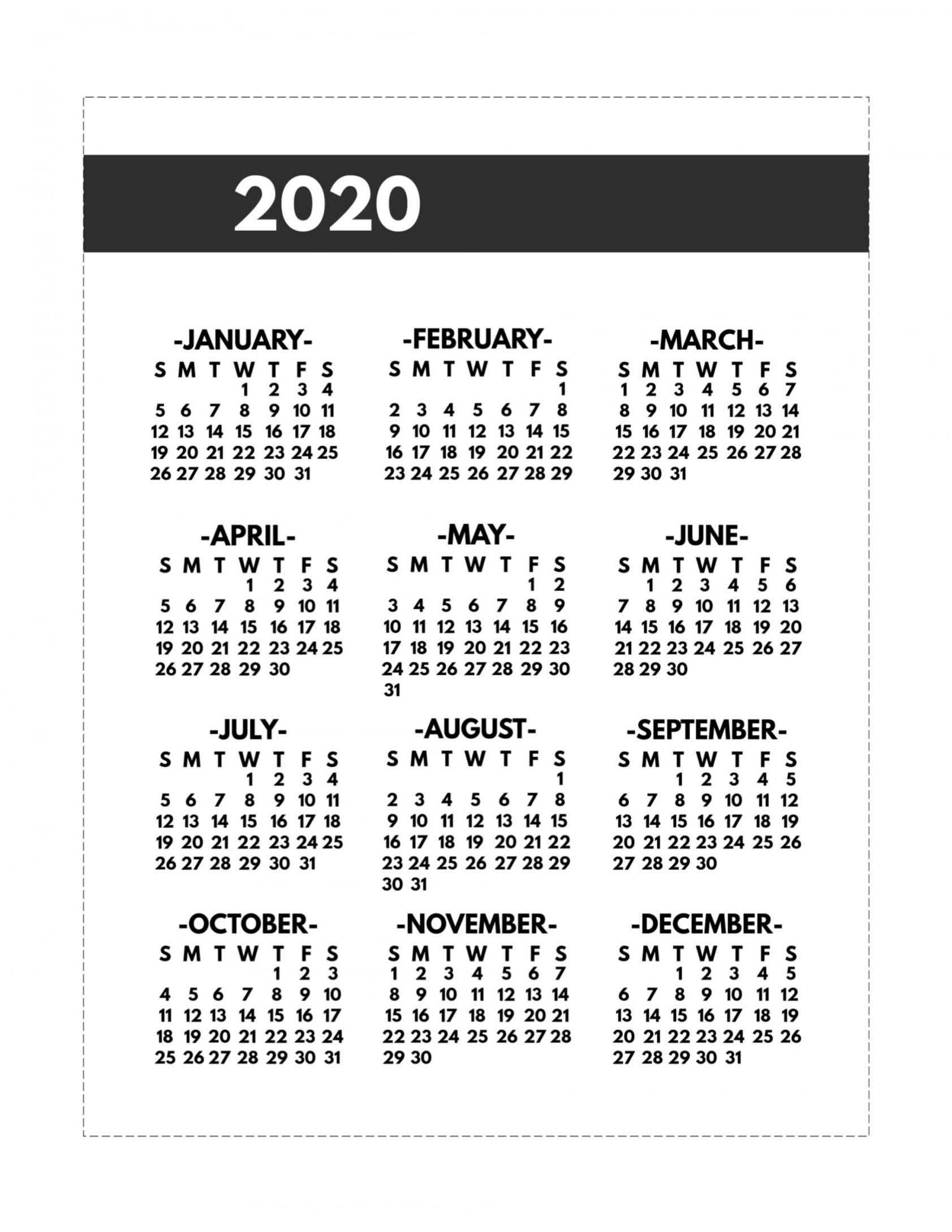 Mini Printable Calendar 2020
