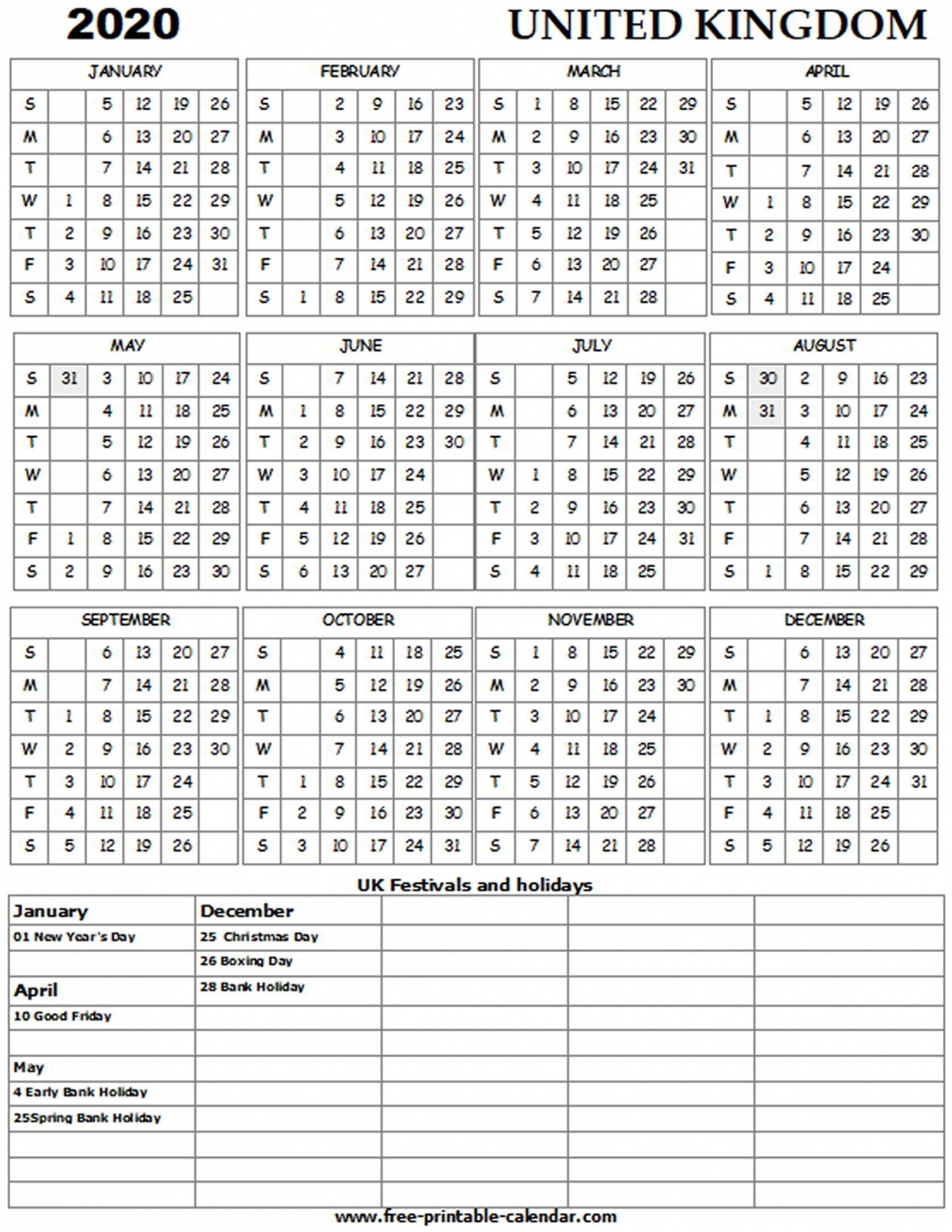 Printable 2020 Calendar Uk