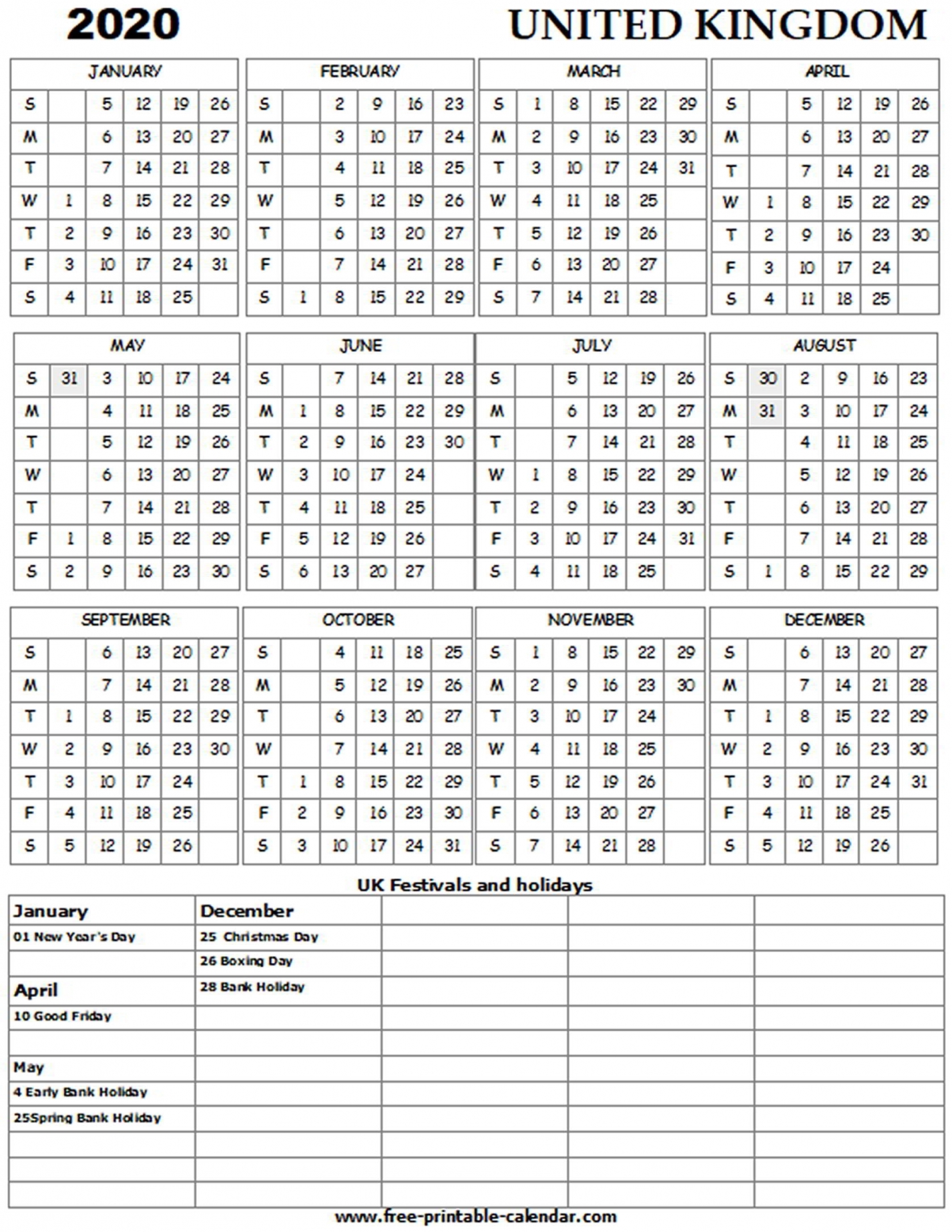 2020 Printable Calendar Uk