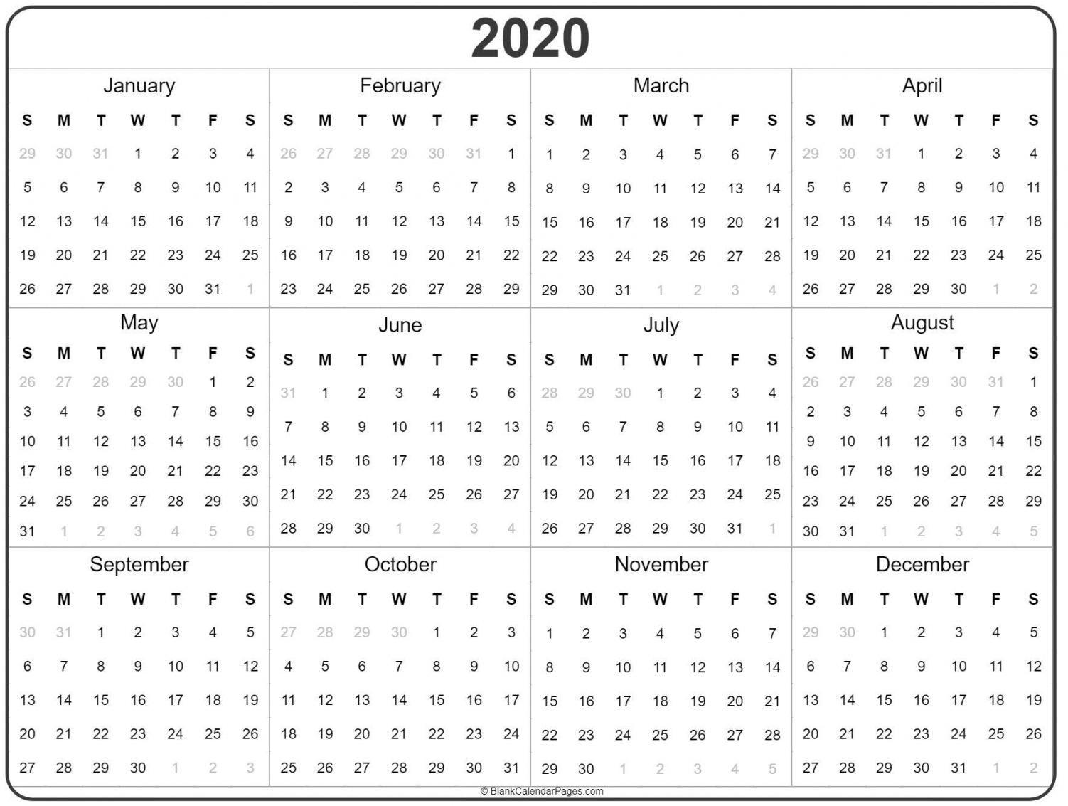 2020 Yearly Calendar Printable