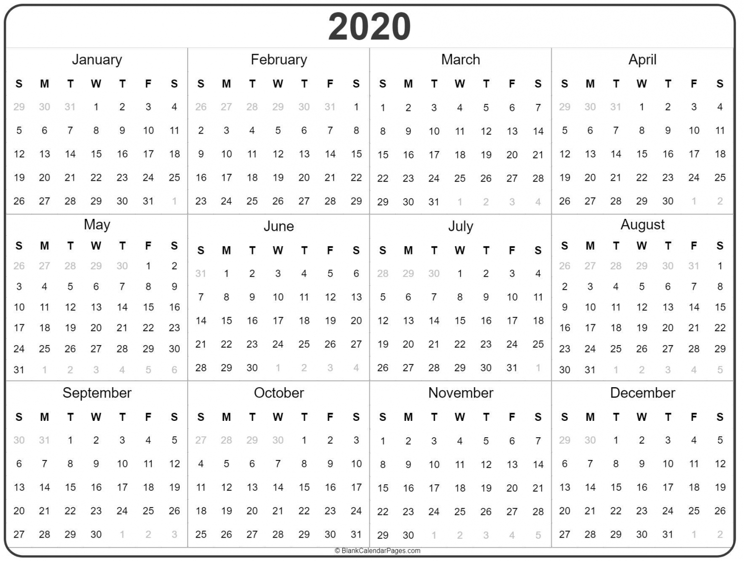 2020 Free Printable Yearly Calendar