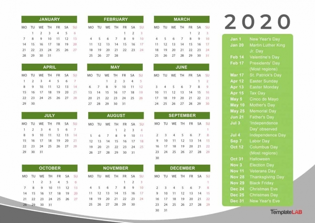 Printable Calendar 2020 With Holidays