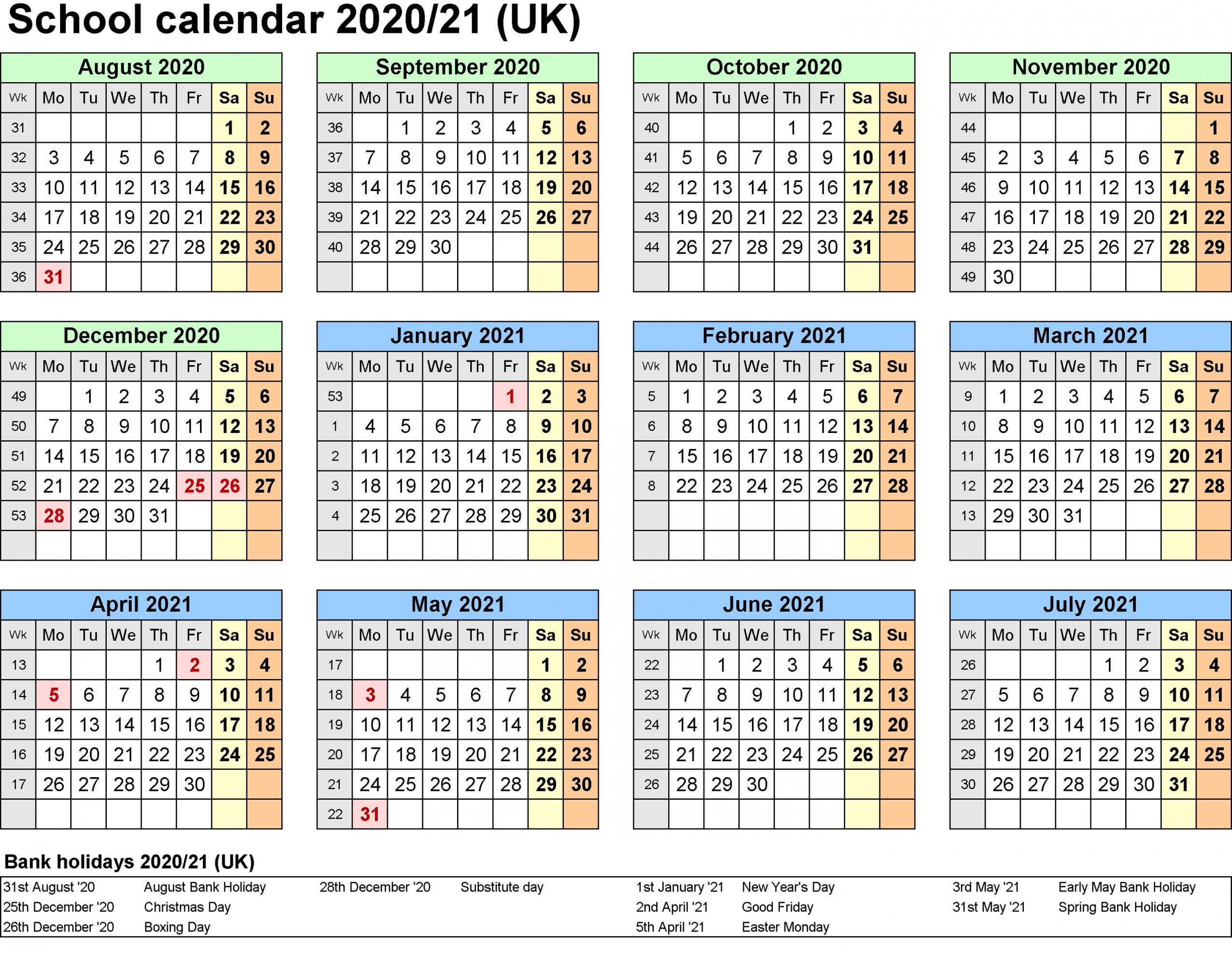Printable Academic Calendar 2020-2021