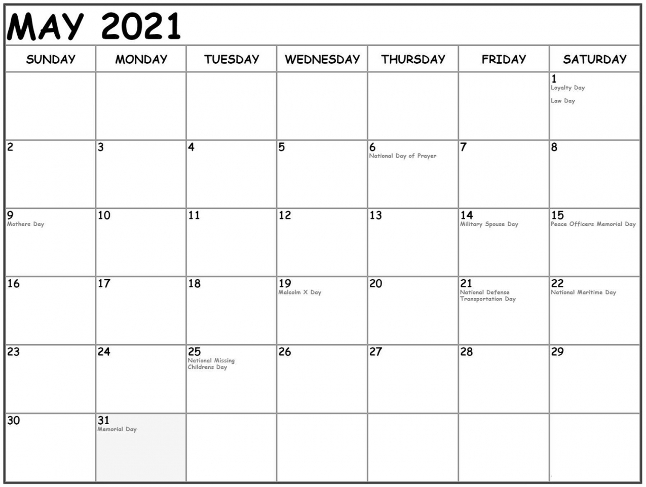 Printable Monthly Calendar 2021 Template