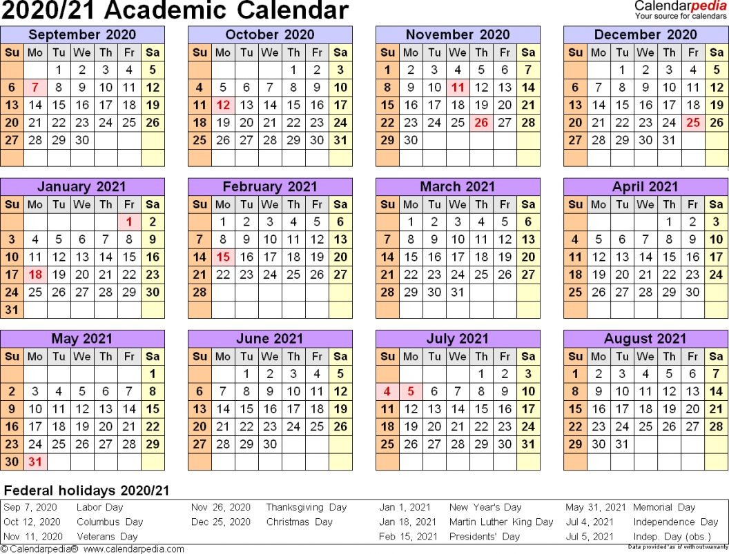 Printable Academic Calendar 2020-2021