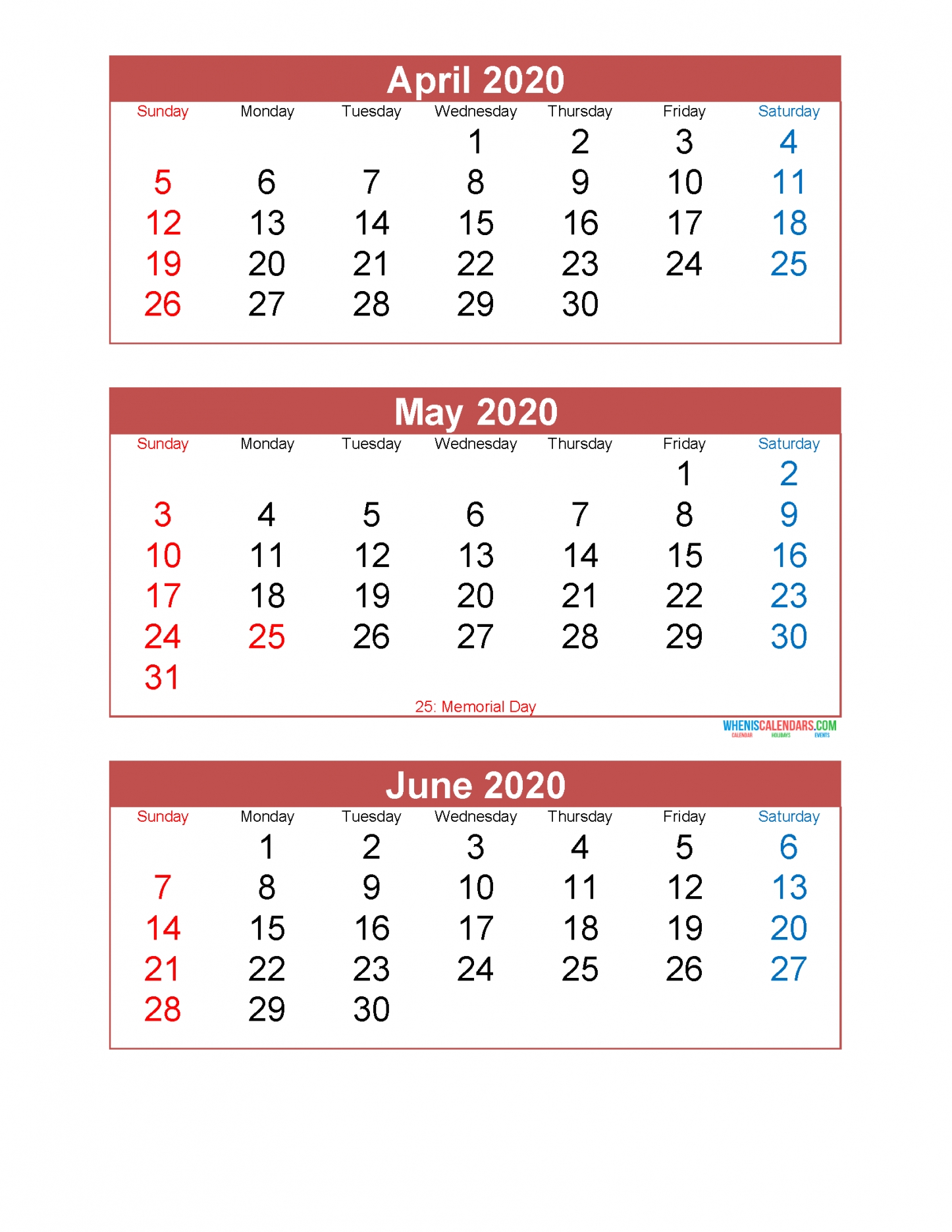 Printable 3 Month Calendar 2020