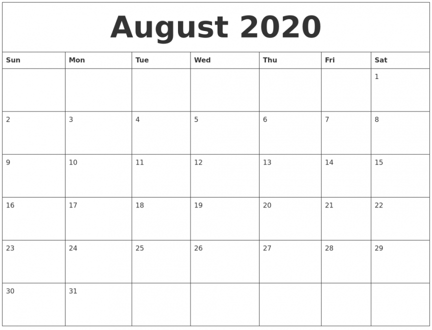 August Calendar Printable 2020 August Calendar Printable 2020