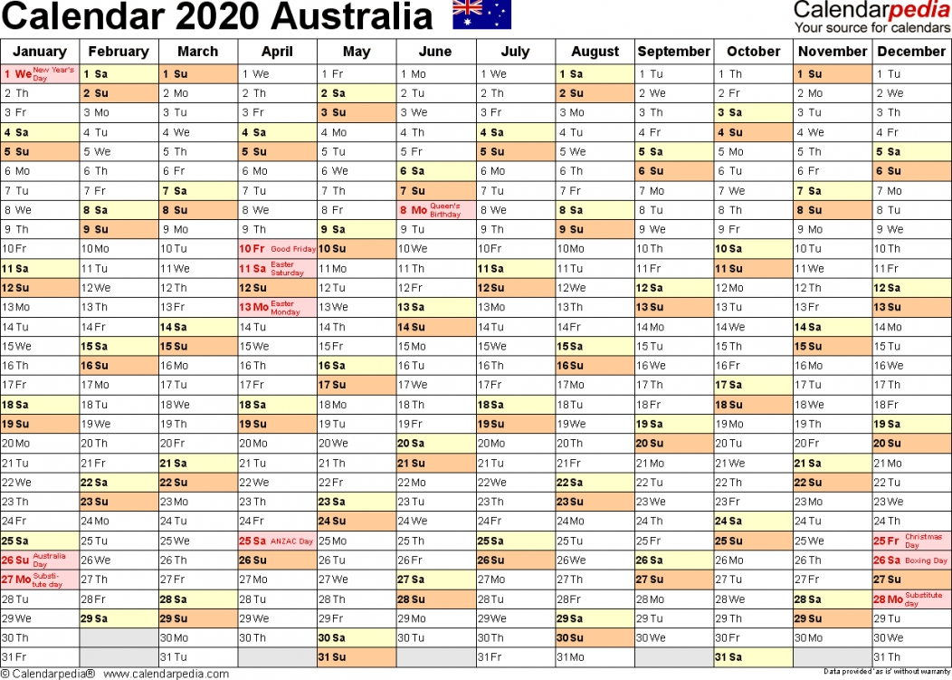2020 Calendar Australia Printable