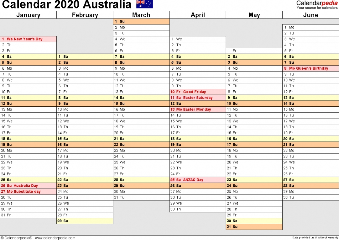 2020 Calendar Australia Printable