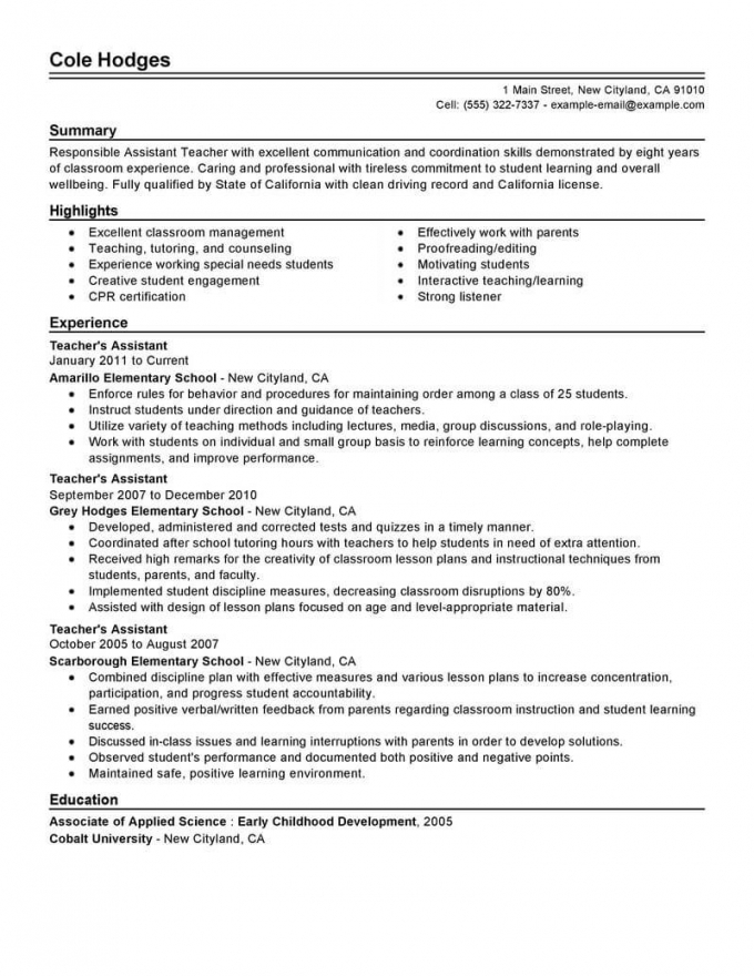 Assistant Teacher Resume Examples