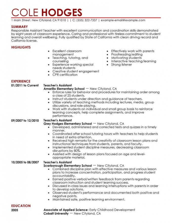 Assistant Teacher Resume Examples