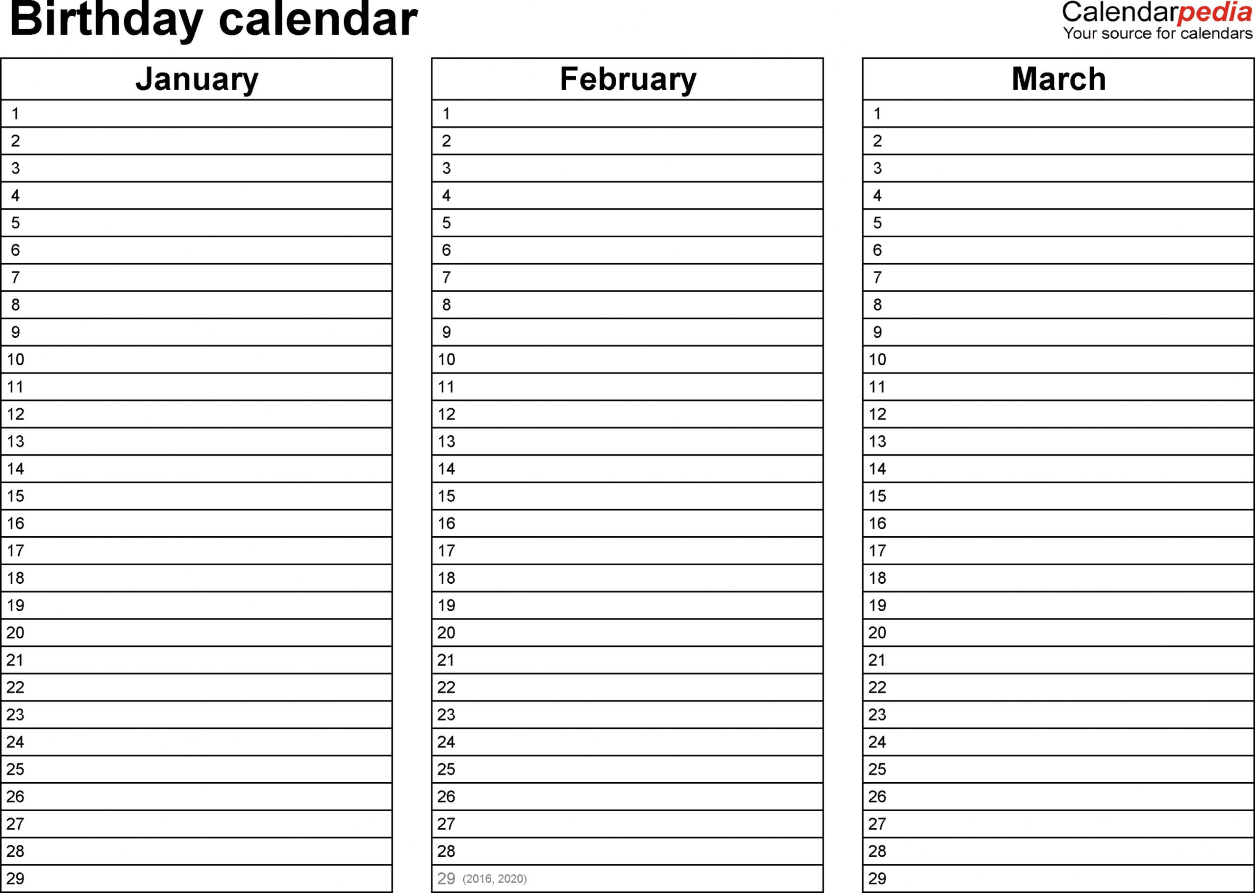 Birthday Calendar List Template