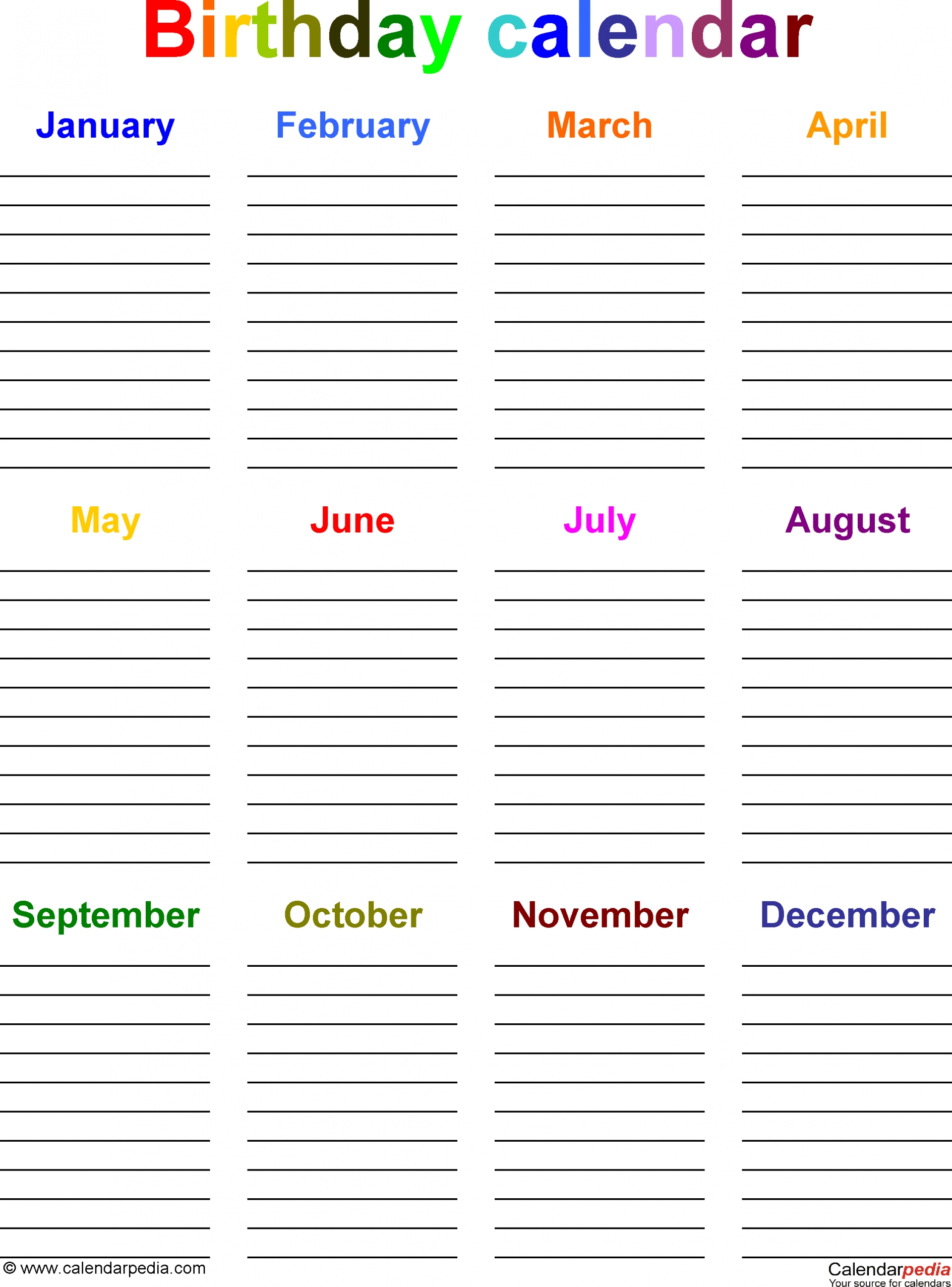Birthday Calendar List Template