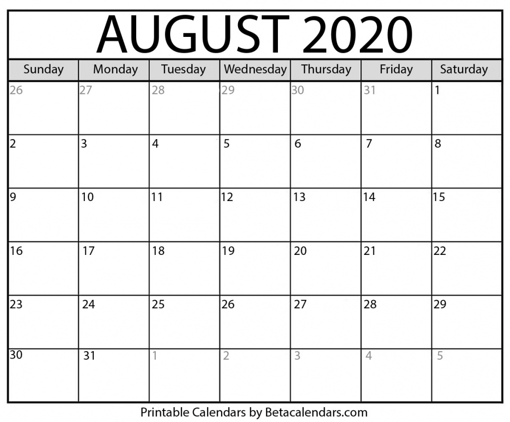 August Calendar Printable 2020
